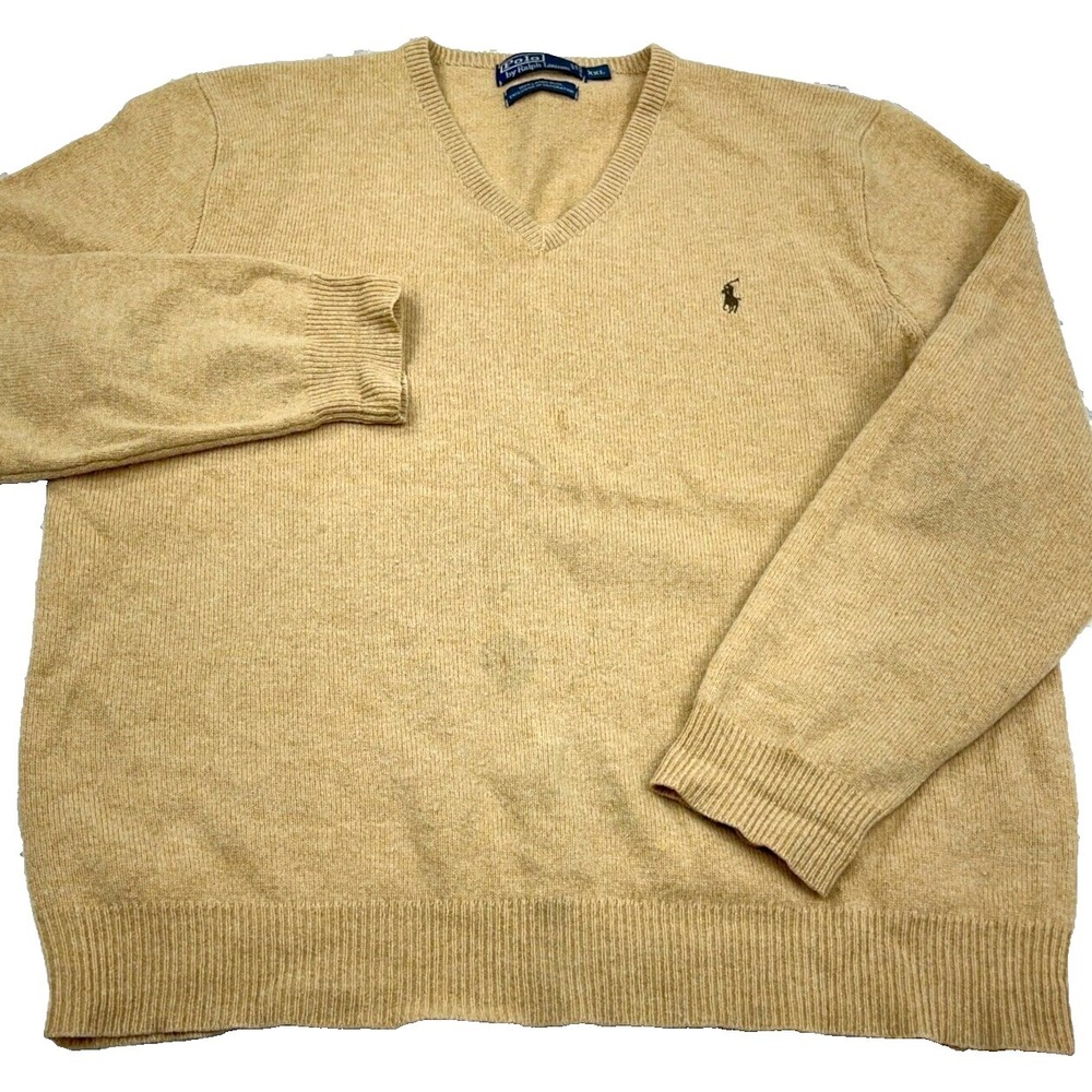 Polo Ralph Lauren Sweater Men XXL Brown Lambs Wool Knit V Neck Pullover Soft